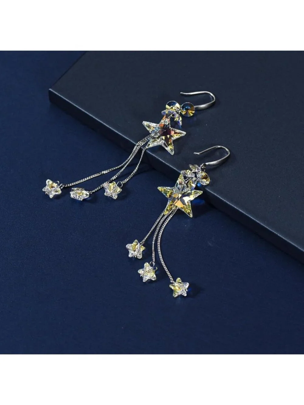 Handmade 925 Sterling Silver Star Drop Earrings with Aurora Borealis Crystals